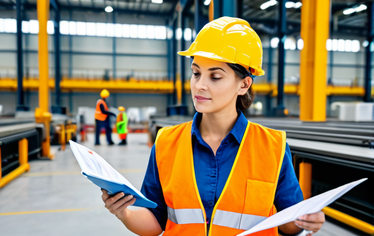 **
"A professional industrial accident analyst, fully clothed in a high-visibility safety vest and hard hat, inspecting a factory floor. The background shows well-lit machinery and workers in appropriate attire. Focused on a checklist, professional demeanor, safe for work, appropriate content, modest, family-friendly, perfect anatomy, correct proportions, natural pose, well-formed hands, proper finger count, natural body proportions, high quality."
**