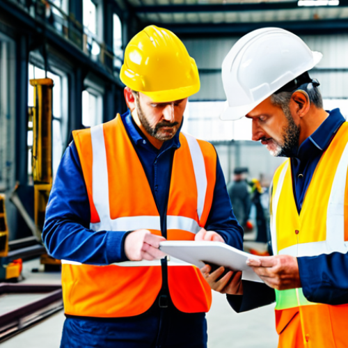 Home 7 **
"A team of industrial safety experts meticulously examining a factory floor after an incident, wearing high-visibility vests and hard hats, fully clothed, taking notes and using measuring tools, appropriate attire, safe for work, perfect anatomy, natural proportions, professional industrial photography, brightly lit, focus on detail, family-friendly."
**