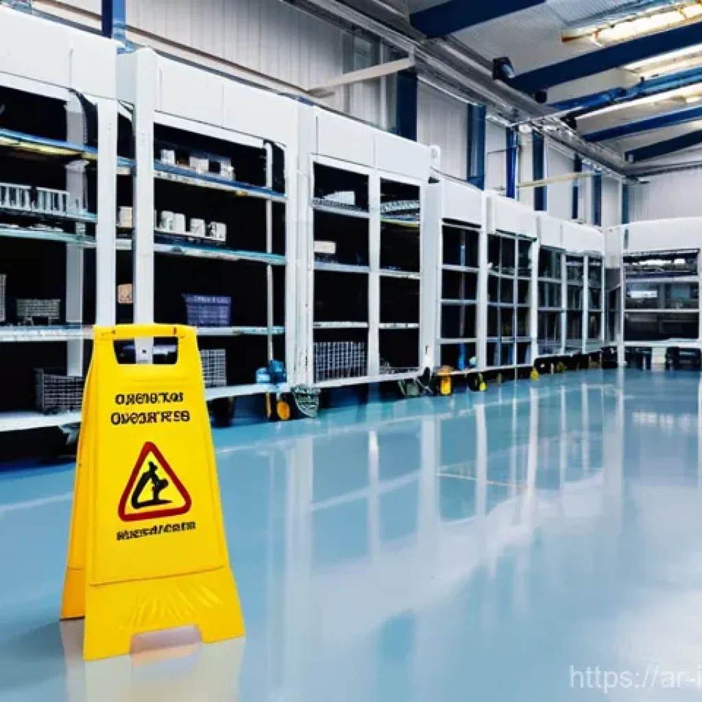 산업재해와 관련된 사회적 책임 사례 - **Prompt for Slips and Falls Prevention:**
    "A brightly lit, meticulously clean factory floor wit...