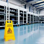 산업재해와 관련된 사회적 책임 사례 - **Prompt for Slips and Falls Prevention:**
"A brightly lit, meticulously clean factory floor wit...