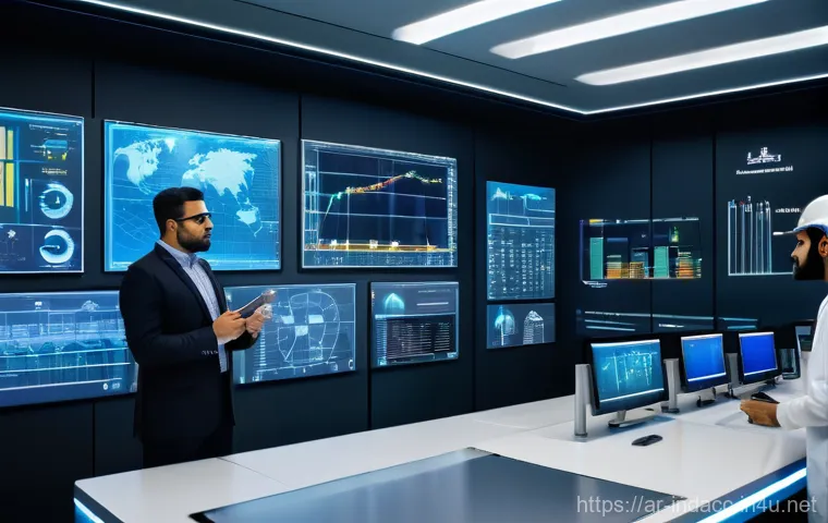 산업재해 데이터베이스 활용법 - **Prompt 1: A group of diverse Arab safety engineers and data analysts in a futuristic, brightly lit...