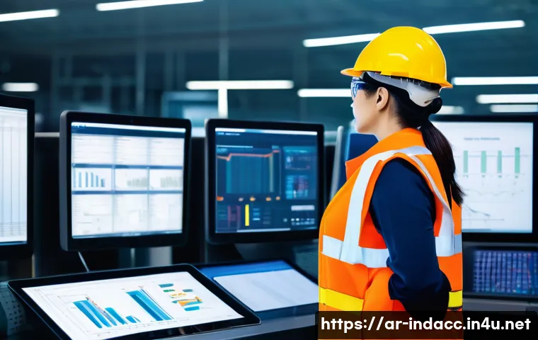 산업재해분석 자격증 취득 후 커리어 패스 - **Prompt:** "A highly competent female industrial safety engineer, in her late 30s, stands confident...