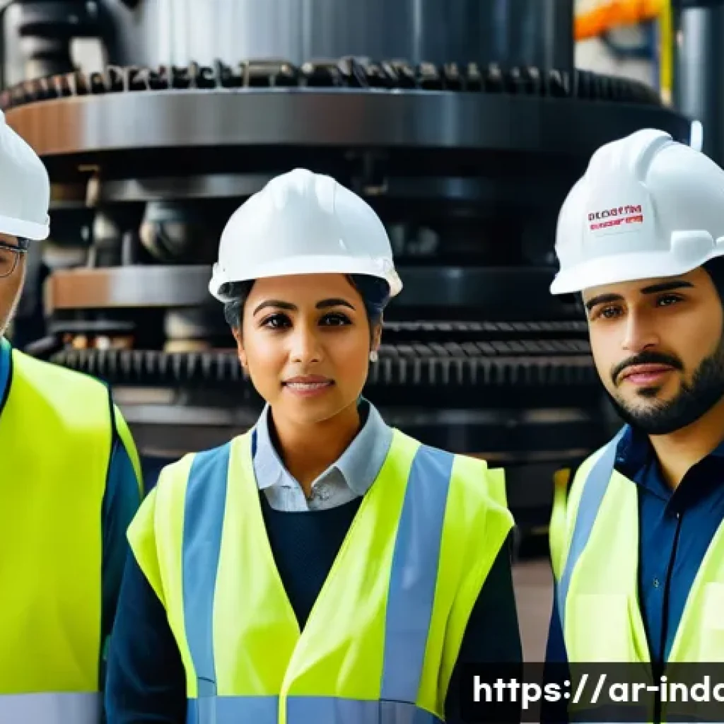 산업재해 전문가로서 필수적인 소프트 스킬 - A diverse group of industrial workers in a modern factory setting, wearing safety helmets, high-visi...