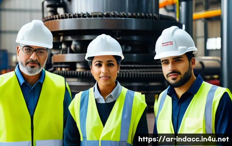 산업재해 전문가로서 필수적인 소프트 스킬 - A diverse group of industrial workers in a modern factory setting, wearing safety helmets, high-visi...