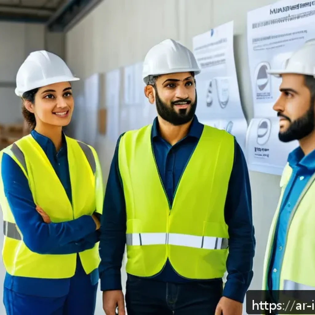 산업재해 대응 프로세스 개선 사례 - A diverse group of Arabic-speaking workers in a modern industrial workplace wearing safety helmets, ...