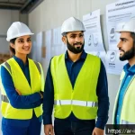 Home 23 산업재해 대응 프로세스 개선 사례 - A diverse group of Arabic-speaking workers in a modern industrial workplace wearing safety helmets, ...