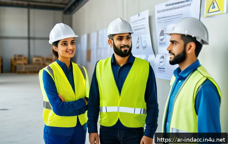 산업재해 대응 프로세스 개선 사례 - A diverse group of Arabic-speaking workers in a modern industrial workplace wearing safety helmets, ...